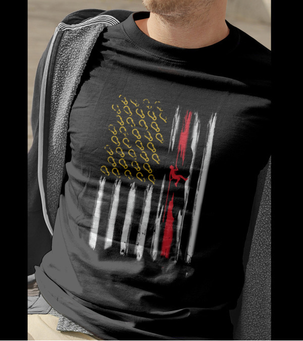 Man On A Rope Climbing Down A Grotto Inside American Flag With Carabiner Stars T-Shirt
