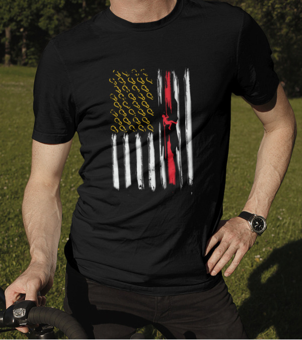 Man On A Rope Climbing Down A Grotto Inside American Flag With Carabiner Stars T-Shirt