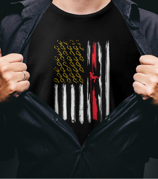 Man On A Rope Climbing Down A Grotto Inside American Flag With Carabiner Stars T-Shirt