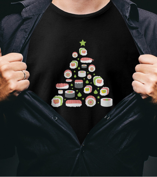 Christmas Tree Made Of Sushi Rolls Funny Japanese Holiday T-Shirt