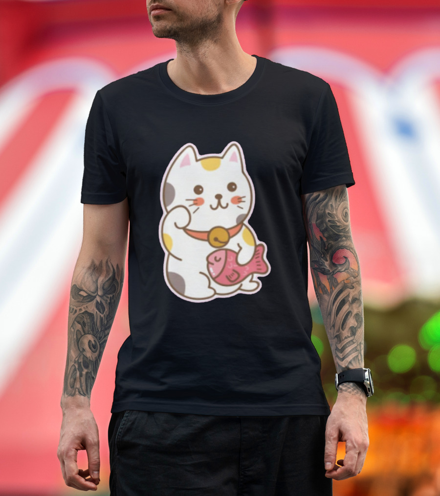 Cutie Maneki Neko Lucky Cat with Fish T-Shirt