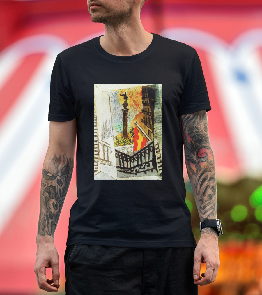 El Paseo De Colon Pablo Picasso High Resolution Balcony View with Monument and Red Yellow Flag T-Shirt