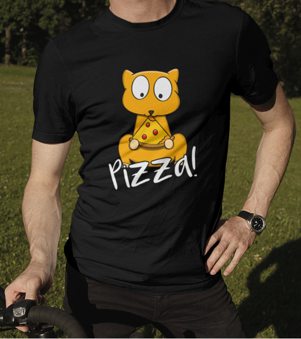 Cat Holding Pizza Slice With Pizza Text T-Shirt
