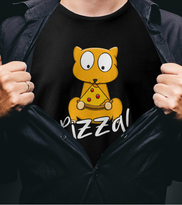Cat Holding Pizza Slice With Pizza Text T-Shirt