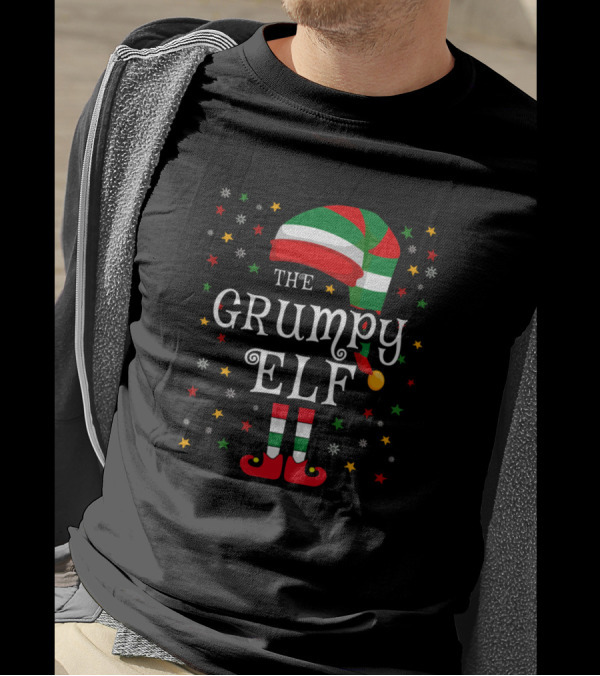 The Grumpy Elf Christmas Hat And Shoes Festive Snowflakes And Stars T-Shirt