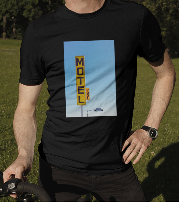 Retro Yellow Motel Pool Sign Against Clear Sky T-Shirt