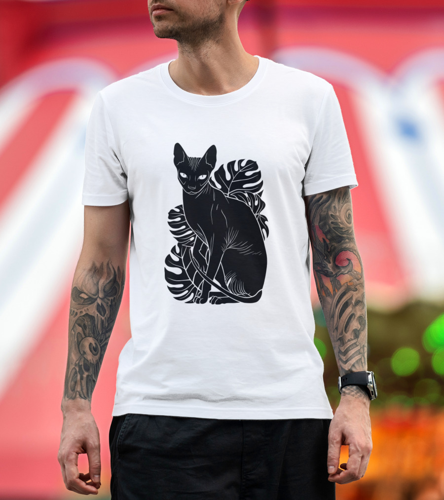 Chill Black Sphynx Cat with Tropical Leaves T-Shirt
