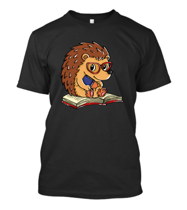 Hedgehog Reading Book Nerd Doodle With Glasses In Forest T-Shirt