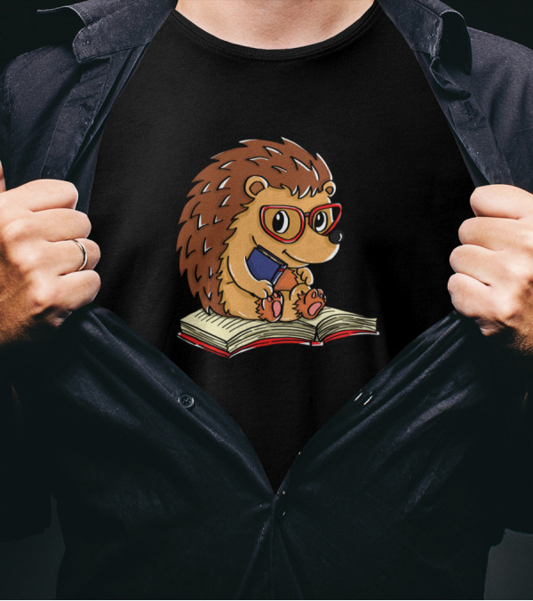 Hedgehog Reading Book Nerd Doodle With Glasses In Forest T-Shirt