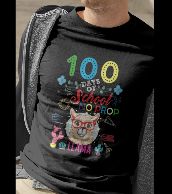 100 Days Of School No Prob Llama With Llama In Red Glasses And School Icons T-Shirt