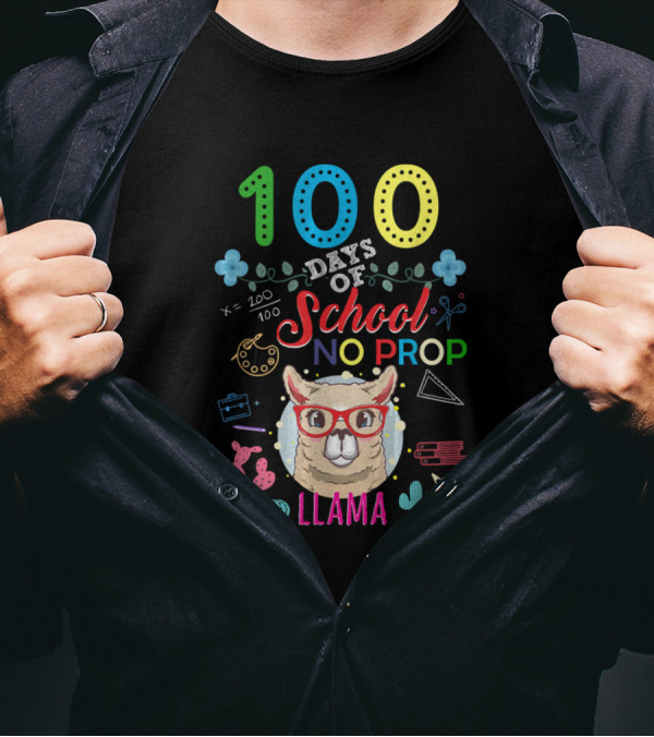 100 Days Of School No Prob Llama With Llama In Red Glasses And School Icons T-Shirt