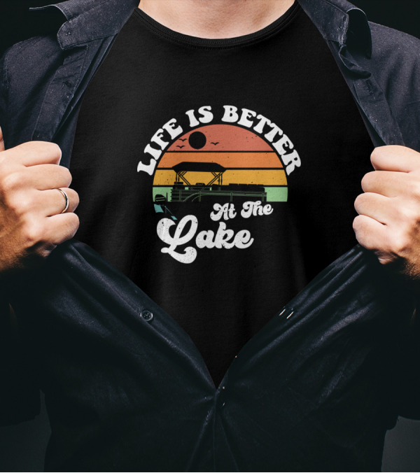 Life Is Better At The Lake Pontoon Boat Vintage Sunset T-Shirt