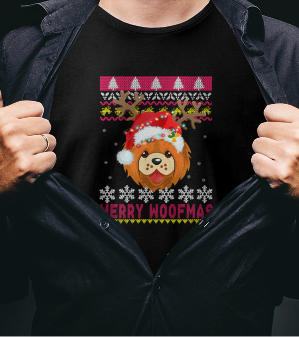 Merry Woofmas Festive Chow Chow With Santa Hat And Antlers T-Shirt