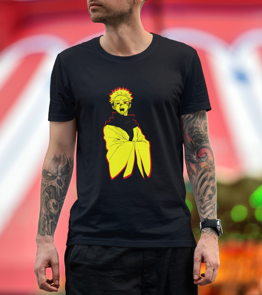 Sukuna Jujutsu Kaisen Anime Character Illustration in Bold Yellow and Red Contrast T-Shirt