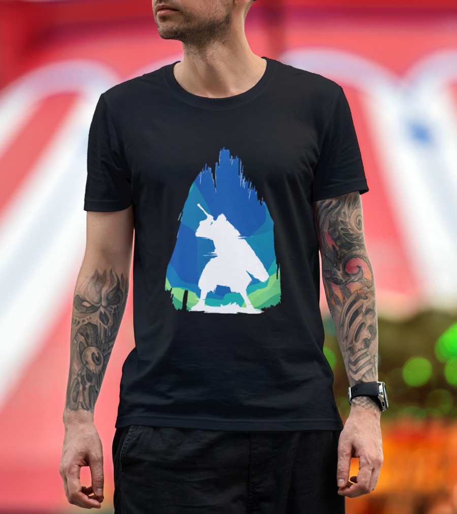 Warrior From Ocean Samurai Silhouette in Blue and Green Cave T-Shirt