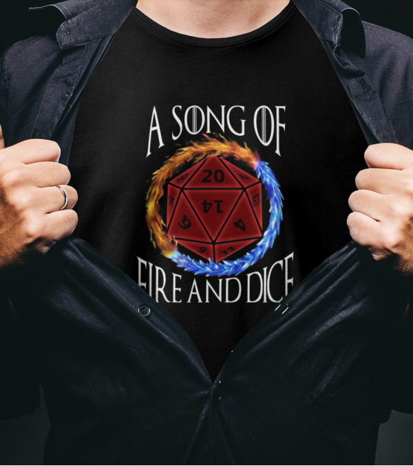 A Song Of Fire And Dice 20-Sided Die Surrounded By Flames And Ice T-Shirt