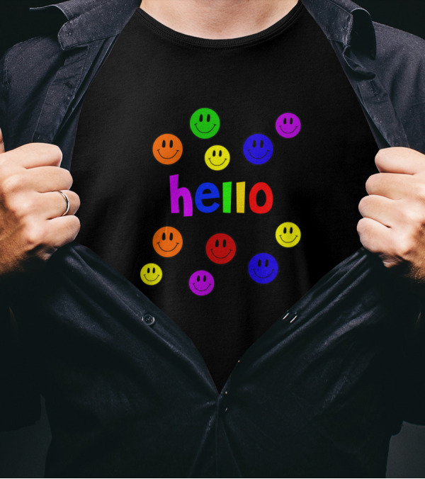 Hello Colorful Rainbow Letters With Smiley Faces T-Shirt