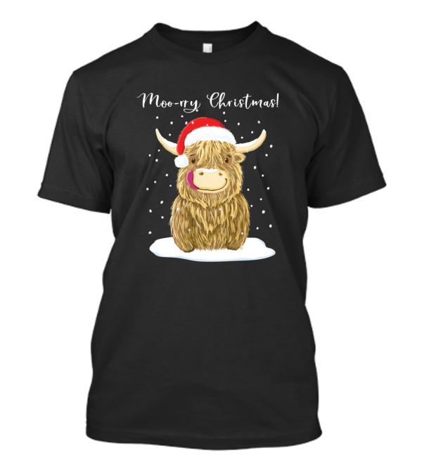 Moo-rry Christmas Scottish Highland Cow With Santa Hat T-Shirt
