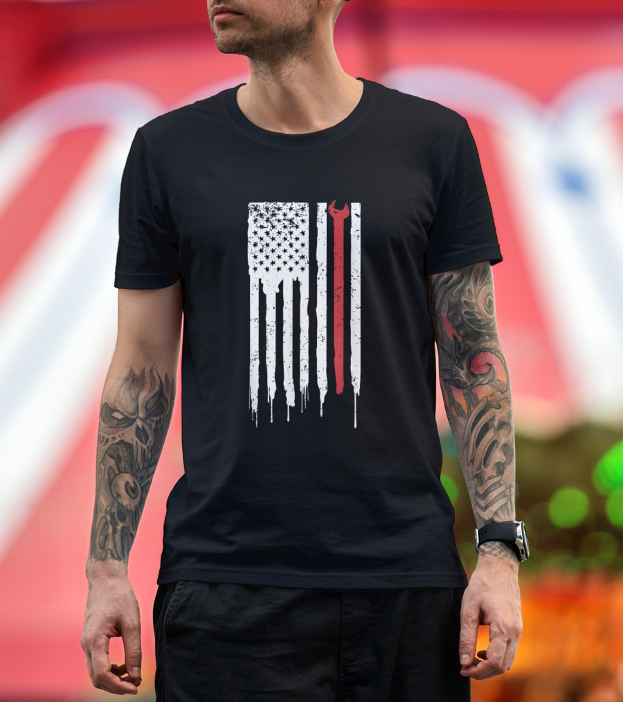 Distressed American Flag with Ironworker Wrench T-Shirt