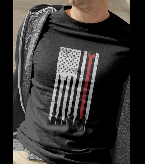 Distressed American Flag With Ironworker Wrench T-Shirt