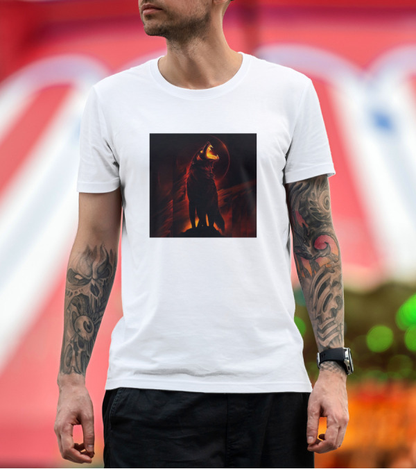 Premium T-Shirt: Ovcharka Caucasian Mountain Dog Fiery Wolf Howling Night Scene T-Shirt Ovcharka Caucasian Mountain Dog Fiery Wolf Howling Night Scene T-Shirt