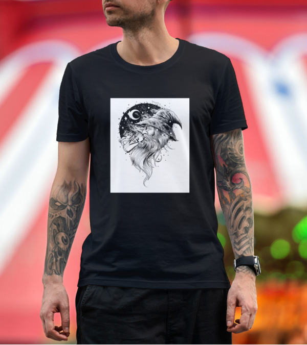 Premium T-Shirt: Old Man Wizard Drinking Beer Under Moon T-Shirt Old Man Wizard Drinking Beer Under Moon T-Shirt