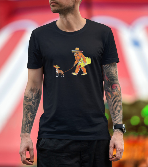 Premium T-Shirt: Cinco De Mayo Bigfoot Walking Dog with Taco and Sombrero T-Shirt Cinco De Mayo Bigfoot Walking Dog with Taco and Sombrero T-Shirt