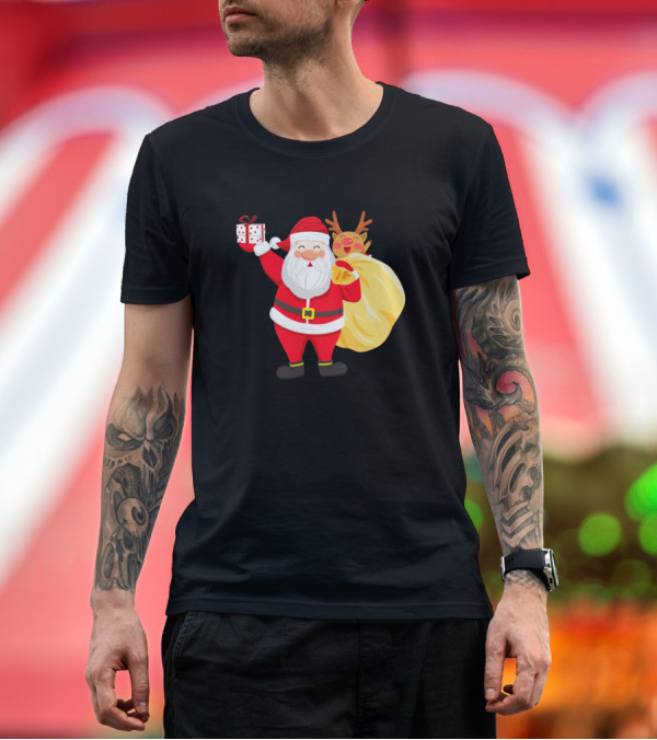 Premium T-Shirt: Creative Santa Claus With Gift and Reindeer Behind Sack T-Shirt Creative Santa Claus With Gift and Reindeer Behind Sack T-Shirt