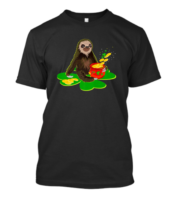 Sloth On Shamrock With St Patrick Day Coin Pot And Leprechaun Gold T-Shirt