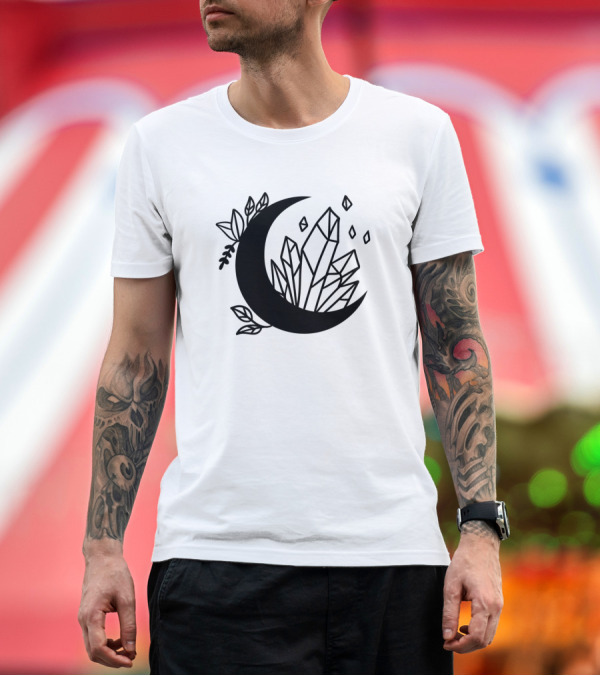 Premium T-Shirt: Crystal Adorned Crescent Moon with Leaves and Gem Visuals T-Shirt Crystal Adorned Crescent Moon with Leaves and Gem Visuals T-Shirt
