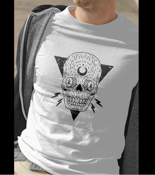 Crescent Moon Skull In Black Triangle With Lightning Bolts T-Shirt