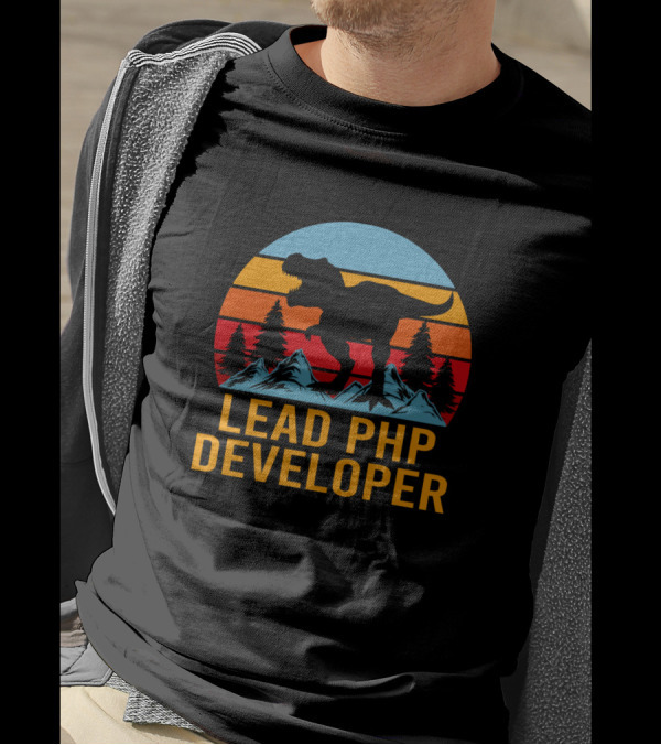 Lead PHP Developer Dinosaur Mountain Silhouette Retro Sunset T-Shirt
