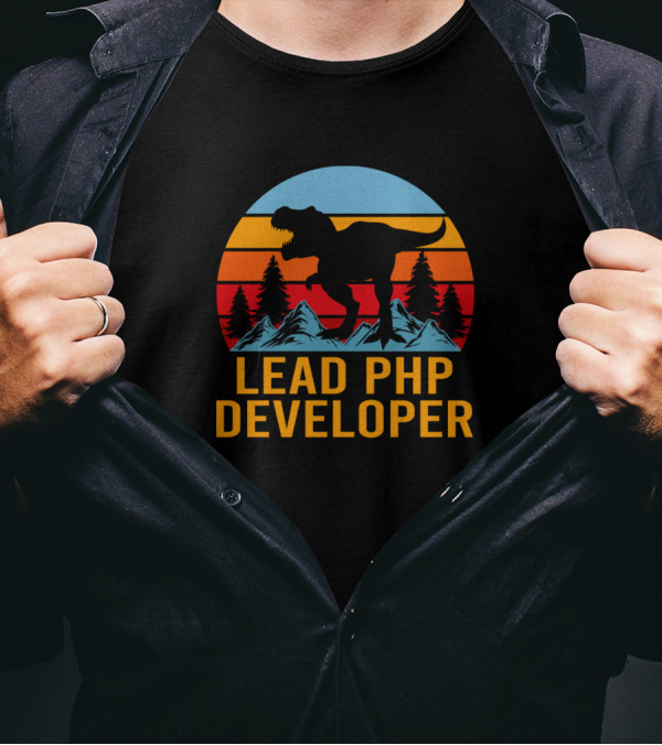 Lead PHP Developer Dinosaur Mountain Silhouette Retro Sunset T-Shirt