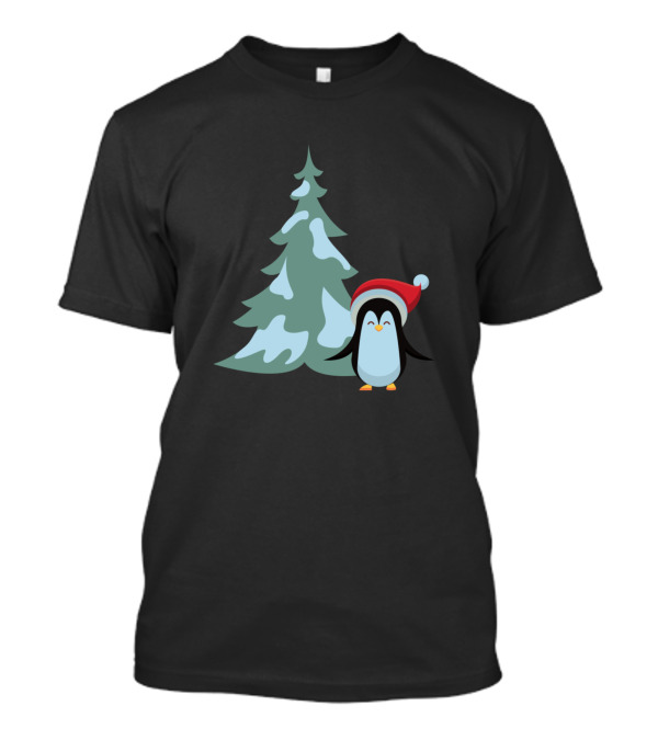 Penguin And The Fir Tree Christmas Santa Hat Winter Scene T-Shirt