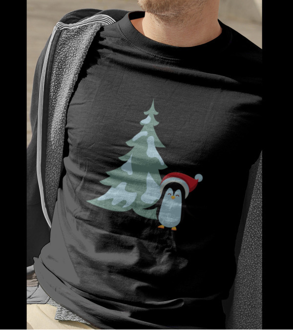 Penguin And The Fir Tree Christmas Santa Hat Winter Scene T-Shirt