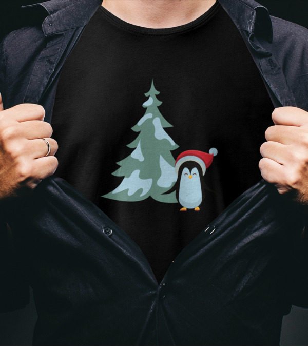 Penguin And The Fir Tree Christmas Santa Hat Winter Scene T-Shirt