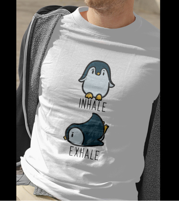 Penguin Inhale Exhale Funny Cartoon Poses T-Shirt