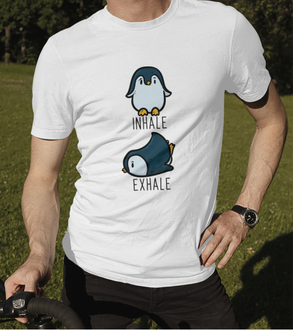 Penguin Inhale Exhale Funny Cartoon Poses T-Shirt