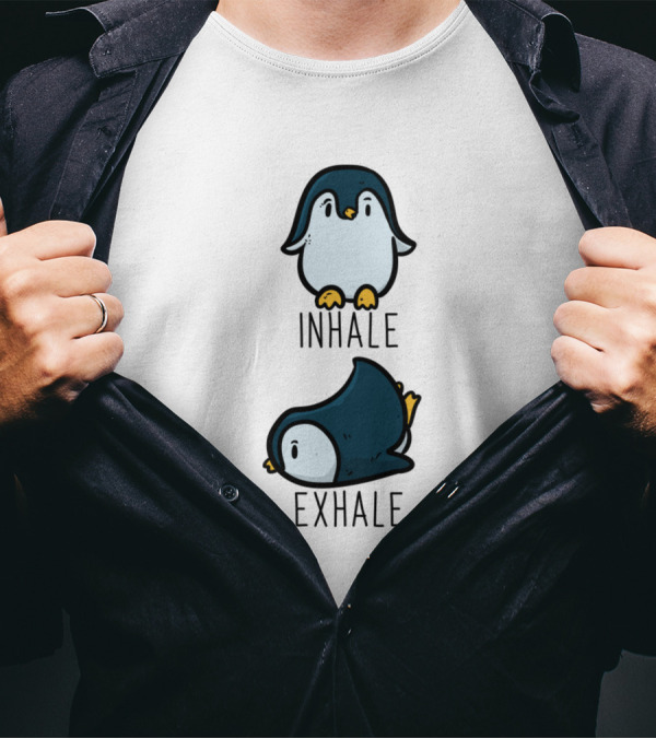 Penguin Inhale Exhale Funny Cartoon Poses T-Shirt