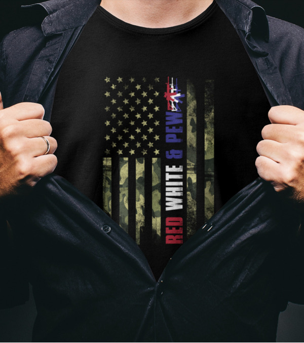 Red White And Pew Camo USA Flag Gun T-Shirt