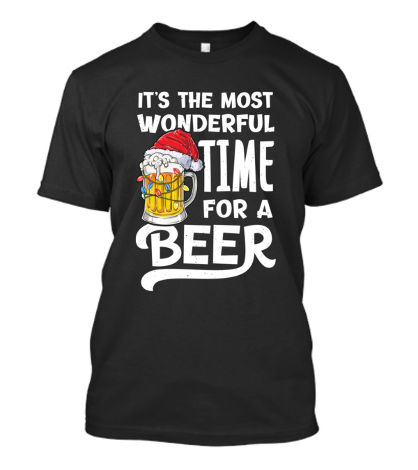 It's The Most Wonderful Time For A Beer With Santa Hat And Christmas Lights On A Mug T-Shirt