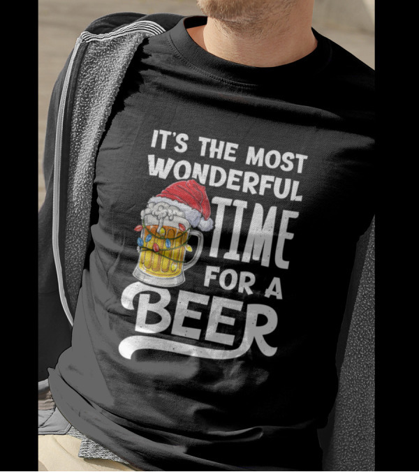 It's The Most Wonderful Time For A Beer With Santa Hat And Christmas Lights On A Mug T-Shirt