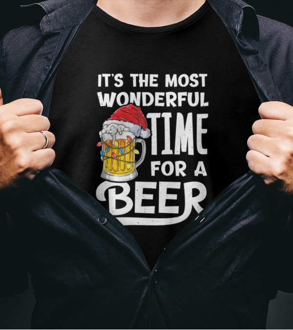 It's The Most Wonderful Time For A Beer With Santa Hat And Christmas Lights On A Mug T-Shirt