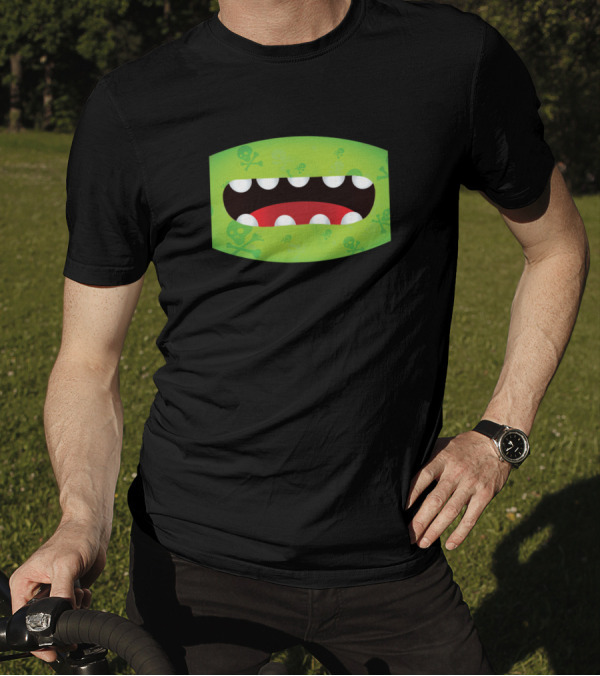 Funny Green Monster Mouth Mask With Skull And Crossbones T-Shirt