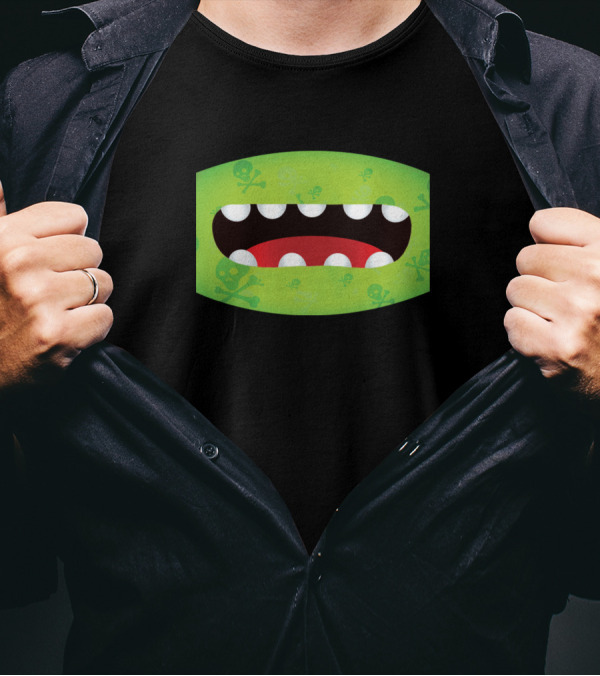 Funny Green Monster Mouth Mask With Skull And Crossbones T-Shirt