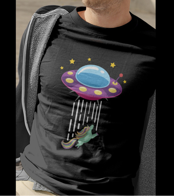 Alien Unicorn Abduction UFO Spaceship With Stars And Beam T-Shirt