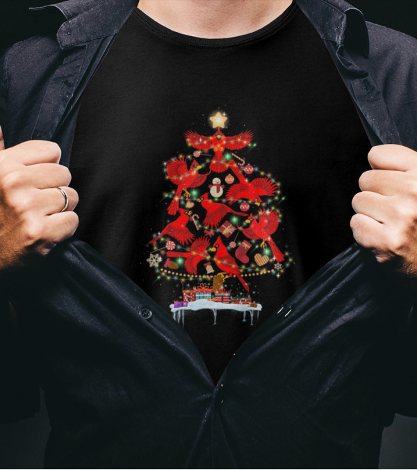 Cardinal Bird Christmas Tree Lights With Presents T-Shirt