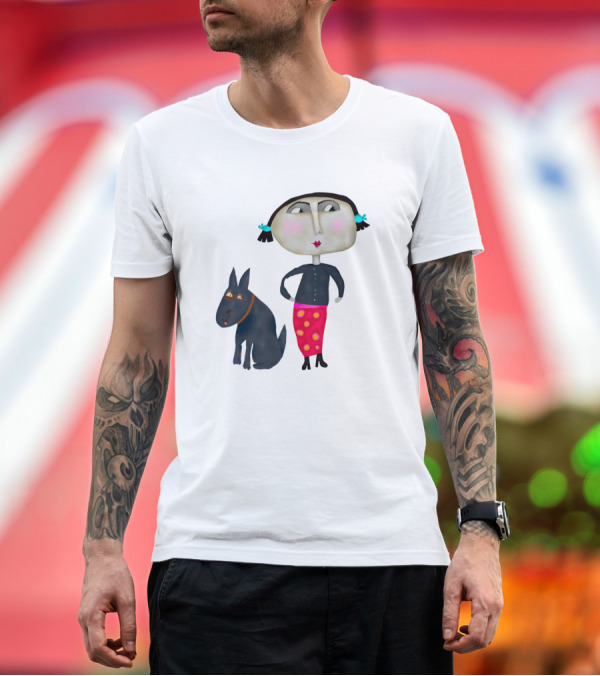 Premium T-Shirt: Dorothy The Dog Walker Black Sweater and Red Skirt with Blue-Eyed Dog T-Shirt Dorothy The Dog Walker Black Sweater and Red Skirt with Blue-Eyed Dog T-Shirt