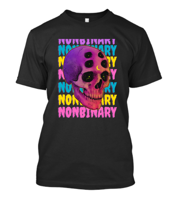 Nonbinary Skull With Colorful Text And Crescent Moon On Forehead T-Shirt