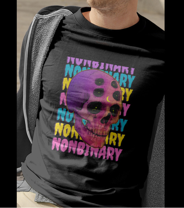 Nonbinary Skull With Colorful Text And Crescent Moon On Forehead T-Shirt